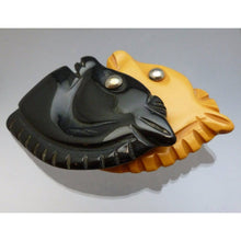 Load image into Gallery viewer, Carved Bakelite Brooch - Butterscotch &amp; Black Double Horse Head Pin
