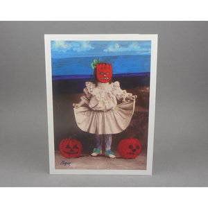 Peter Paone / Peacock Studio Fine Art Greeting Card - "Halloween"  Girl with Pumpkin Head- Collage and Paint on Victorian Photograph of a Child