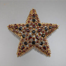 Load image into Gallery viewer, Large Vintage Faux Garnet Star Brooch, circa 1960 - Gold Tone, Red Rhinestones - Victorian Revival Pin - Estate Costume Jewelry Collection