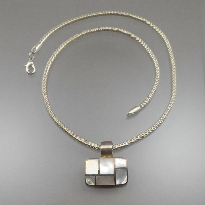 Vintage Mother of Pearl Shell Sterling Silver Pendant w/ Chain Modern Geometric