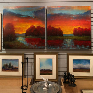 Vintage Landscape Diptych Paintings - Acrylic on Canvas - " Fiery Skies II " - Signed Williams Original Art