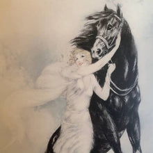 Load image into Gallery viewer, Vintage Louis Icart Print - Jeunesse (Youth) - Reproduction of an Art Deco Era Etching - Woman with Black Horse - Gold and Black Frame, Linen Look Double Mat