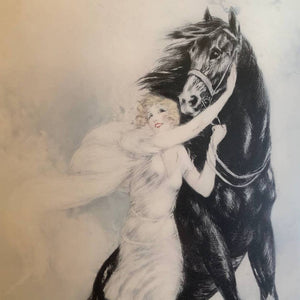 Vintage Louis Icart Print - Jeunesse (Youth) - Reproduction of an Art Deco Era Etching - Woman with Black Horse - Gold and Black Frame, Linen Look Double Mat
