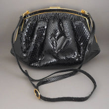 Load image into Gallery viewer, Vintage Colombetti Snakeskin Convertible Purse - Clutch and Shoulder Bag - Black and Gold Frame Handbag