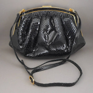 Vintage Colombetti Snakeskin Convertible Purse - Clutch and Shoulder Bag - Black and Gold Frame Handbag